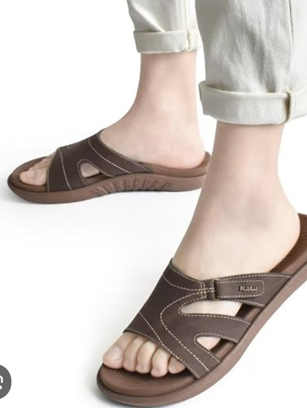 Kuailu Brown Slide Sandals with Contrast Stitching